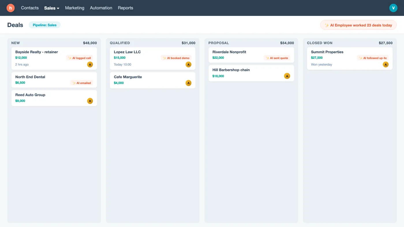 A CRM deal pipeline with AI-logged calls, booked demos and sent quotes