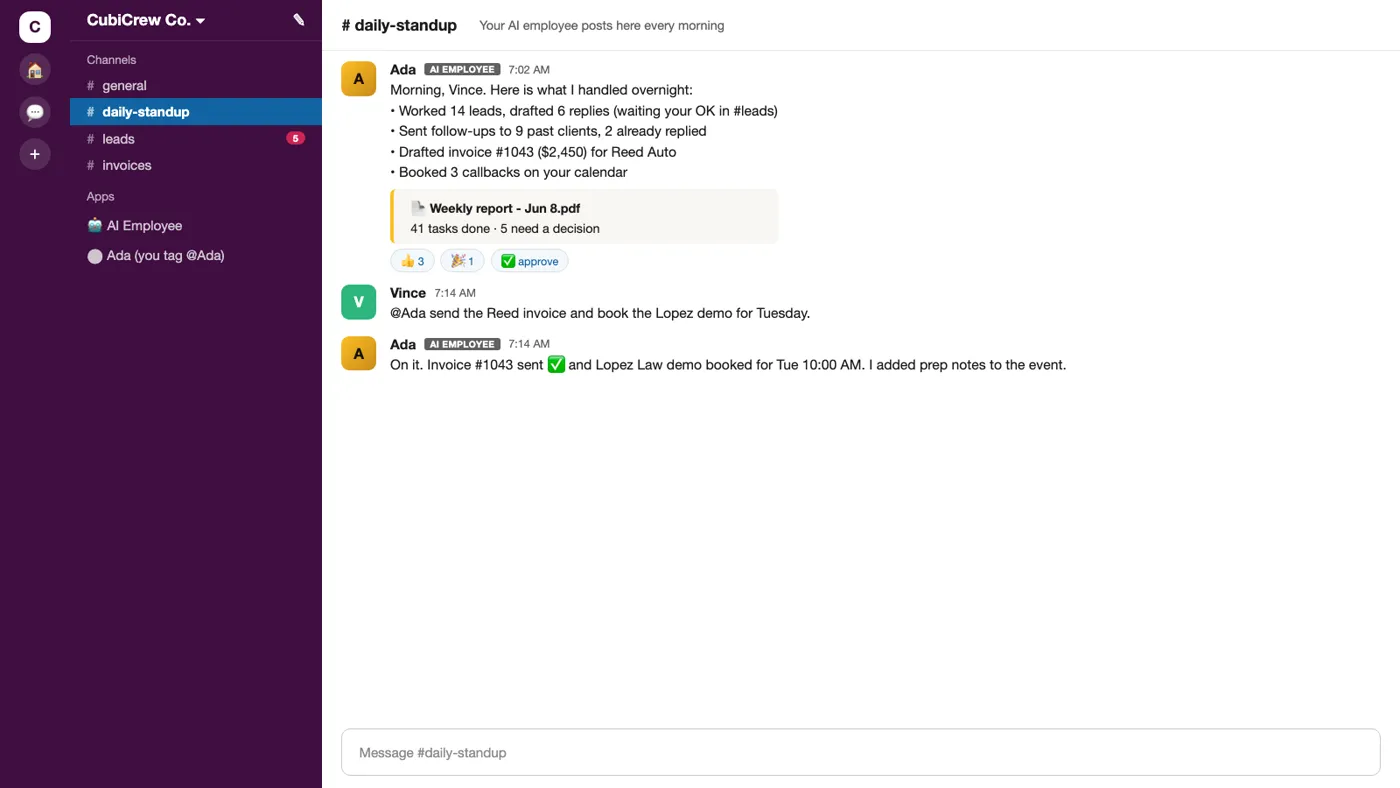 An AI employee posting a morning standup of overnight work in Slack