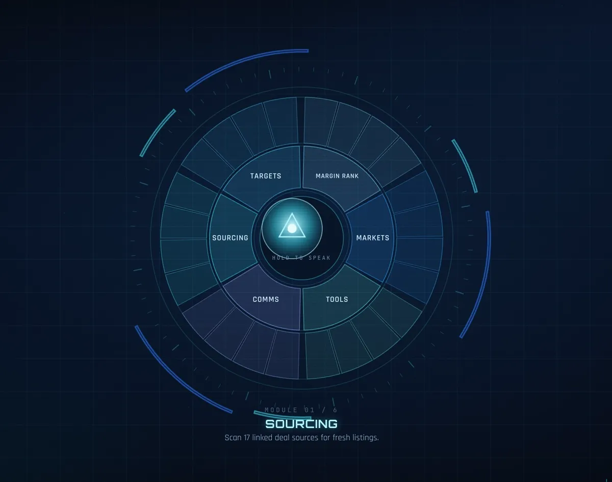 A command console interface with a radial module hub for sourcing, markets and tools