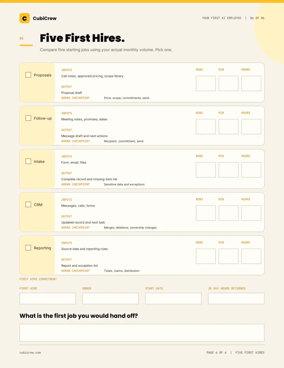 Light theme fillable Five First Hires worksheet
